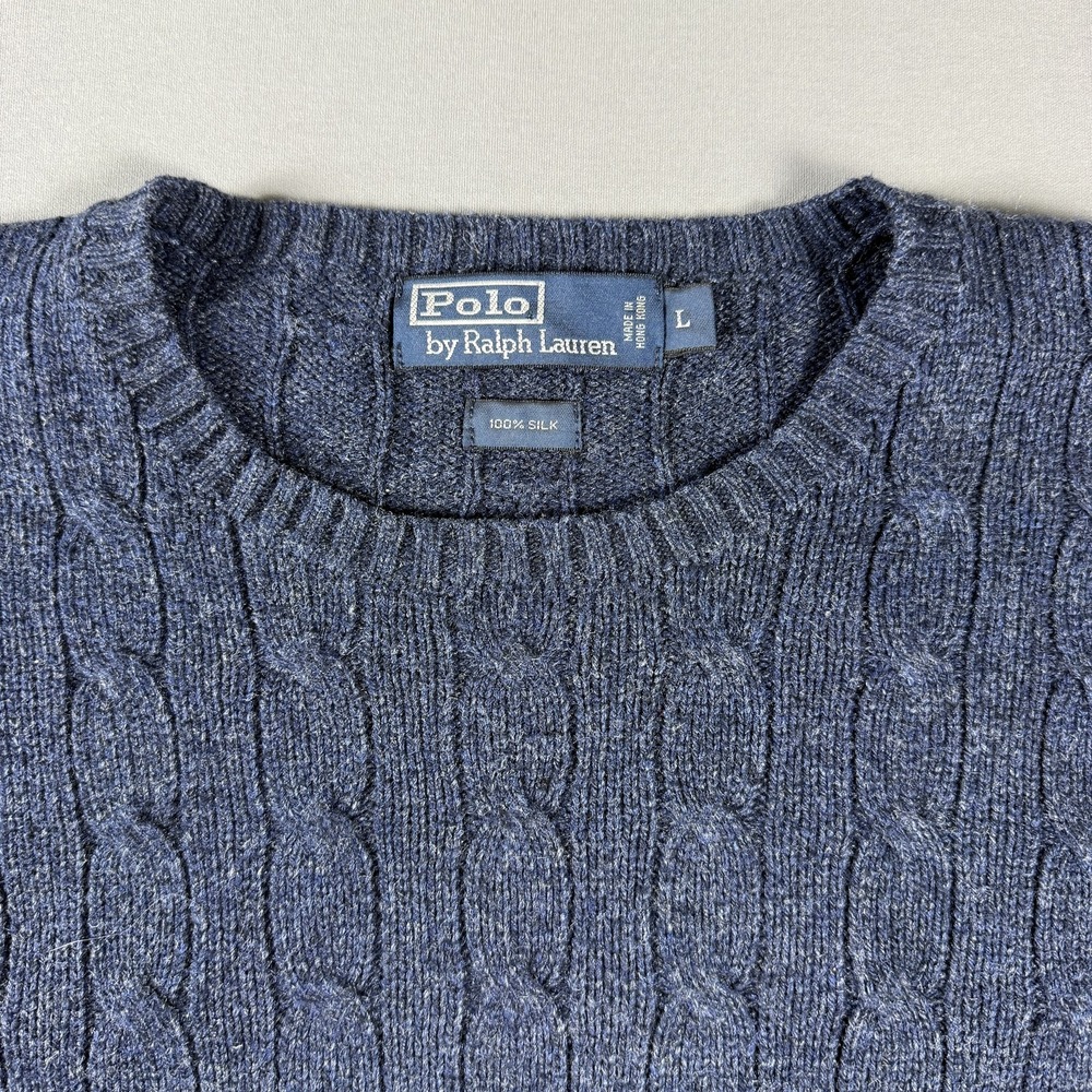 Polo Ralph Lauren Sweater Mens Large Blue Cable Knit Silk Crewneck Pullover - Picture 3 of 11